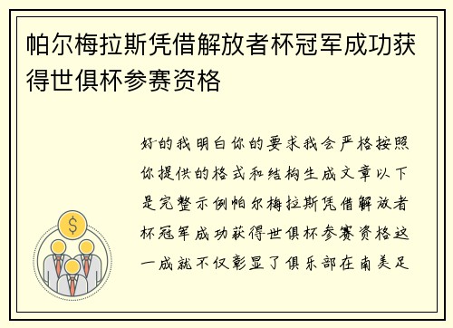 帕尔梅拉斯凭借解放者杯冠军成功获得世俱杯参赛资格